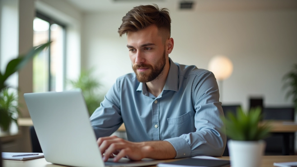 Zufriedener Designer arbeitet an minimalistische Webseite mit klarem Layout und viel Whitespace